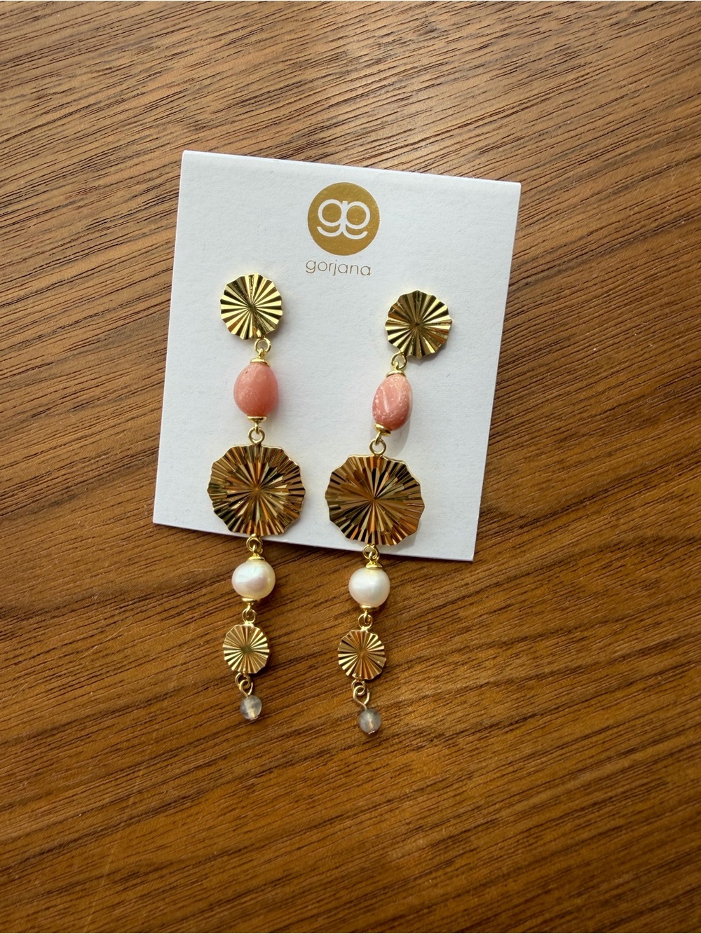 Gorjana Gold Drop Alice Gem Earrings with Pink Opal + Pearl Accents 2.25 in BNIB